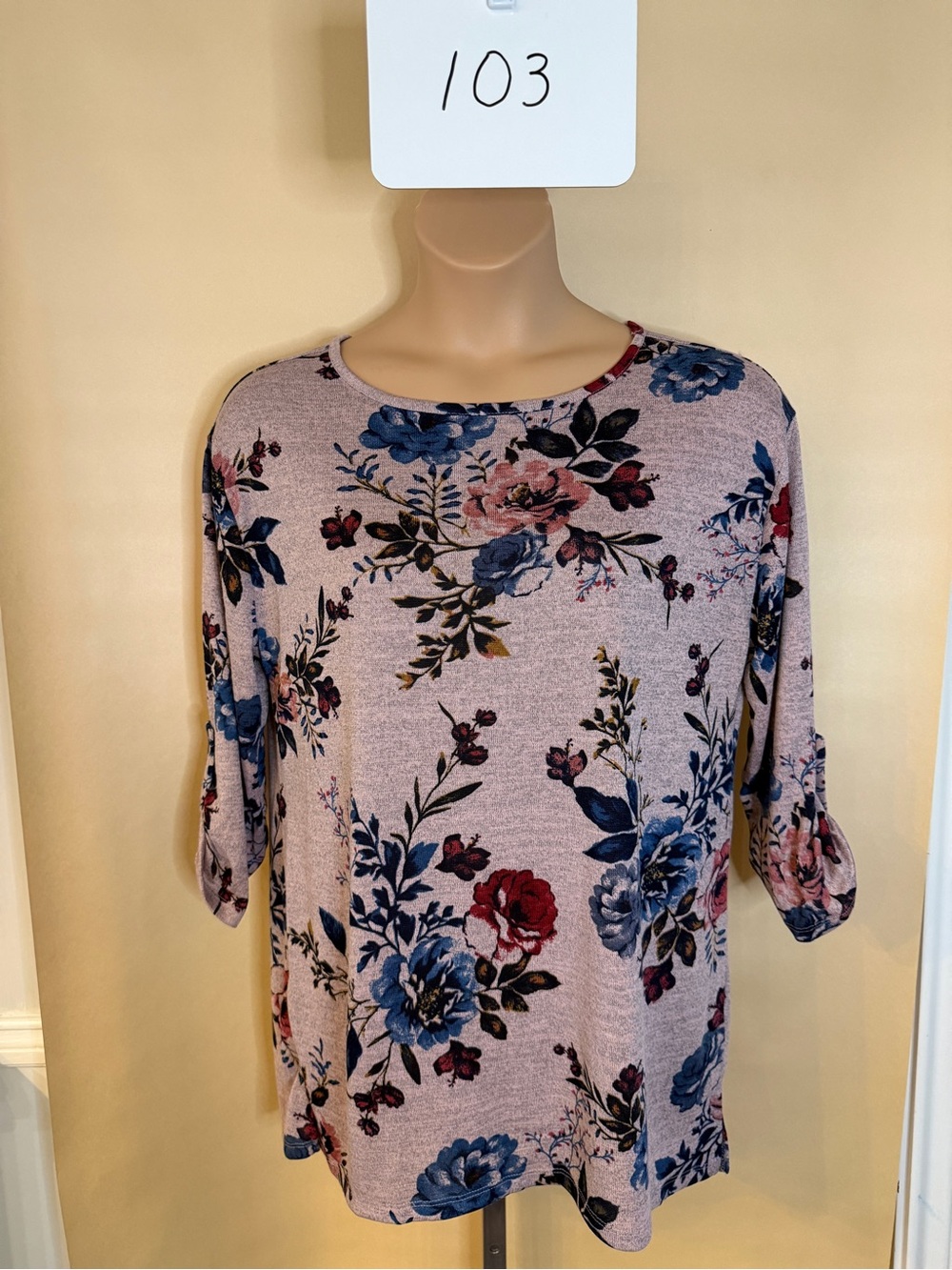 Lane Bryant Floral Boatneck Blouse in Mauve with Blue & Red Blooms